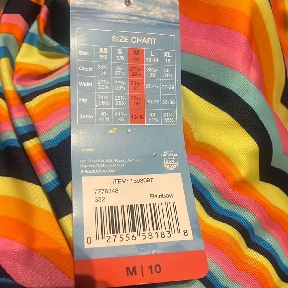 #17 Speedo youth bathing suit blue, orange, pink Medium 10 1 piece NWT Stripes